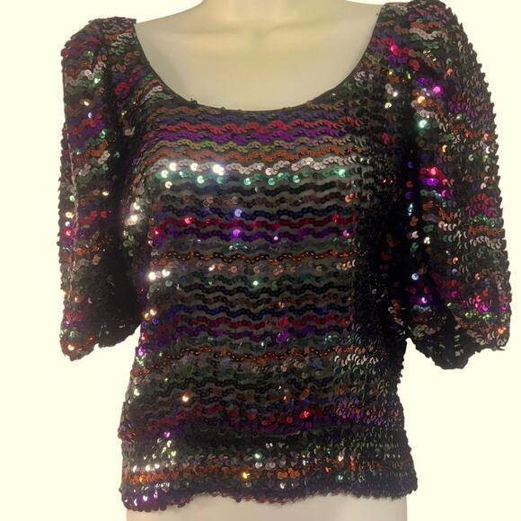 Vintage Partique New York Sequin Party Blouse ILGWU Union Made USA 80s Disco Top - Picture 2 of 6